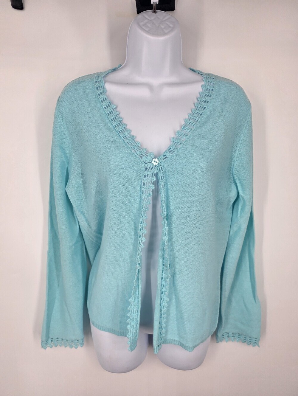 Oscar de la Renta Aqua Blue Crochet Lace Cardigan M Ramie Knit Vintage